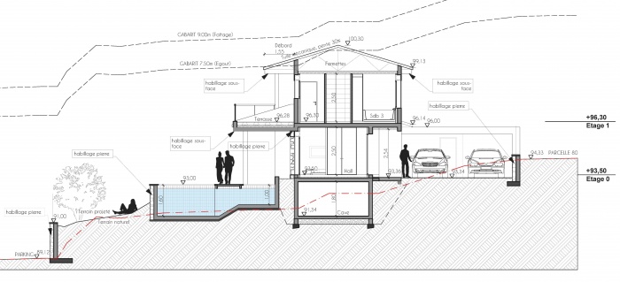 Villa contemporaine : PCMI3 Coupe AA sur le terrain et la construction